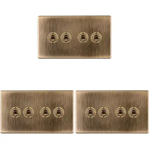 3 PACK 4 Gang Quad Retro Toggle Light Switch SCREWLESS ANTIQUE BRASS 10A 2 Way