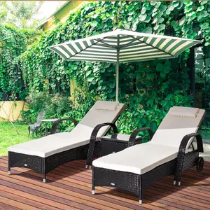 Outsunny 3 PCS Rattan Lounger Recliner Bed Garden Furniture Set w/ Side Table