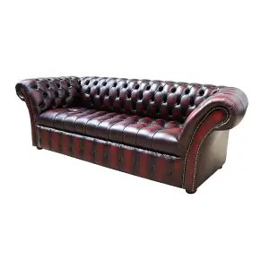 Chesterfield 3 Seater Buttoned Seat Sofa Antique Oxblood Red Real Leather In Balmoral Style