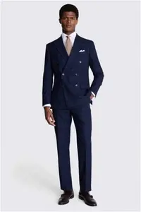 Moss | Men's Tailored Fit Navy Blue Black Check Double Breasted Suit Jacket