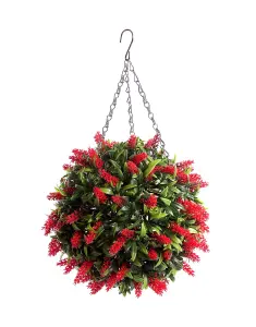 Pair of Best Artificial 28cm Red Lush Lavender Hanging Basket Flower Topiary Ball - Weather & Fade Resistant