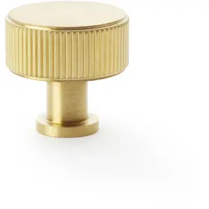 Round Reeded Door Knob - 35mm Diameter Satin Brass Lined Cupboard Pull Handle