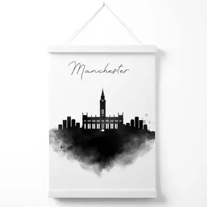 Manchester Watercolour Skyline City Poster with Hanger / 33cm / White