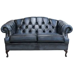 Chesterfield 2 Seater Antique Blue Leather Sofa Settee Custom Made In Victoria Style