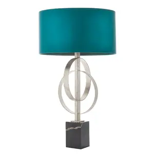 Antique Silver Table Lamp & Teal Satin Shade - Black Marble Base Desk Light