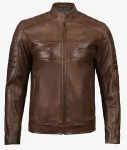 Coffee Brown Leather Jacket - Cafe Biker Leather Racer Jacket Mens