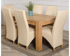 Kuba 150 x 85 cm Chunky Medium Oak Dining Table and 6 Chairs Dining Set with Lola Ivory Leather Chairs