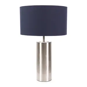 ValueLights Lexy Brushed Chrome Touch Table Lamp with Navy Blue Drum Shade