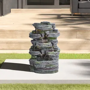 Grey Faux Rock Solar Power Resin Garden Water Fountain Water Feature with LED Lights