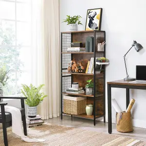 VASAGLE Bookcase, Office Storage Shelf, 4 Tiers for Books, Steel Frame, S-Shaped Hooks, Room, Studio, Rustic Brown and Black