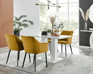 Furniturebox UK 4 Seater Dining Set - Imperia White High Gloss Dining Table and Chairs - 4 Mustard Calla Black Leg Chairs