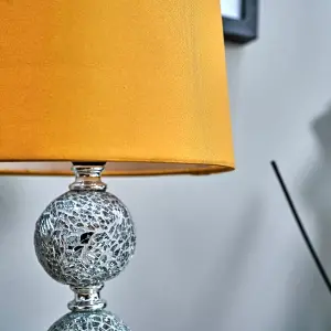 ValueLights Harmony Pair of Decorative Chrome and Mosaic Crackle Glass Table Lamps with Mustard Shades