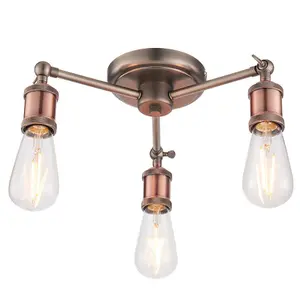 Semi Flush Ceiling Light Aged Copper 3 Lamp Adjustable Vintage Hanging Pendant