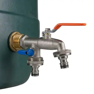 Water Butt Replacement Tap BRASS Metal Lever UK Bib Outlet Barb Quick Hosepipes Double lever tap + 2 Quick connectors