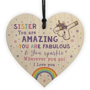 Novelty Sister Gift For Birthday Christmas Unicorn Plaque Wooden Heart From Brother