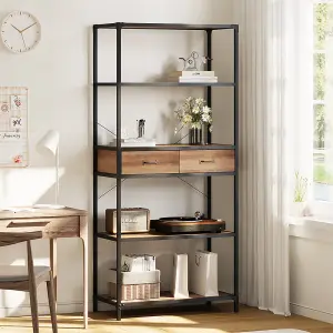 5-Tier Metal Framed Wooden Book Shelf with Drawers