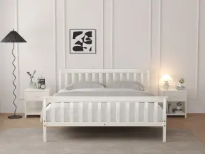 White Wooden Bed Frame King Size 5FT Shaker Style With Slatted Headboard & Footboard