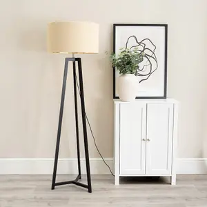 ValueLights Lottie Black Wood Tripod Floor Lamp with Beige/Gold Drum Shade