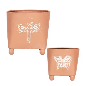 Set of 2 Embossed Butterfly Dragonfly Rustic Indoor Outdoor Garden Planter Footed Terracotta Flower Plant Pots