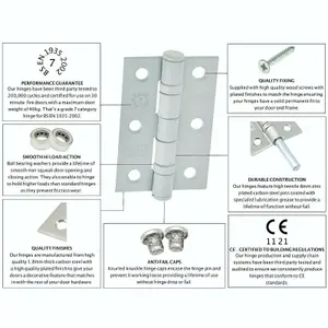 EAI - 3" Internal Door Hinges & Screws G7 FD30  - 76x50x2mm Square - White