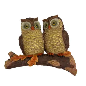 Baby Owls Branch Hanger Ornament - Weatherproof Resin Hand Painted Outdoor Garden Novelty Hanging Decoration - H23 x W20 x D10cm