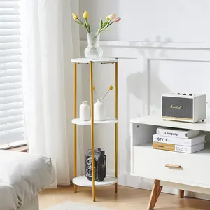 3 Tier Tall Plant Stand Square Indoor Corner Decorative, Flower Display Wood Stand with Gold Metal Frame Plant Pot Rack Holder