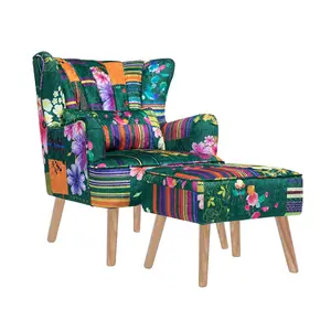 Fabric Green Patchwork Abigail Accent Wingback Chair with Footstool