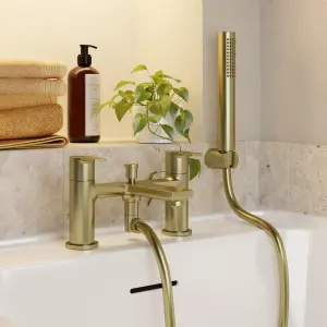 GoodHome Akita Satin Brass effect Deck-mounted Bath mixer tap with shower kit