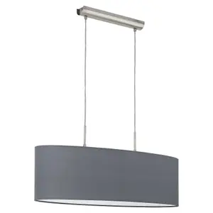 Pendant Ceiling Light Colour Satin Nickel Steel Shade Grey Fabric Bulb E27 2x60W