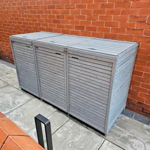 2.03m x 1.14m Large Grey Wooden Outdoor Garden Triple Wheelie Bin Store Storage for 3 Bins