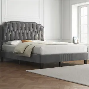 Yaheetech Dark Grey 5ft King Upholstered Bed Frame with Button-Tufted Adjustable Headboard and Wooden Slat Support