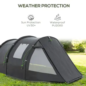 Outsunny 3-4 Persons Tunnel Tent, Two Room Camping Tent w/ Windows, Black