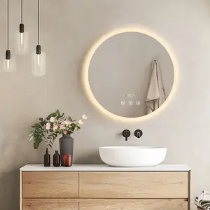 EMKE Round Bathroom LED Mirror with Bluetooth, 600mm LED Illuminated Mirror with Anti-Fog, Touch, Dimmable, Clock