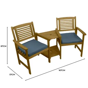 Wooden Companion Love Seat Garden Chairs with 2 Tier Table and Parasol Hole