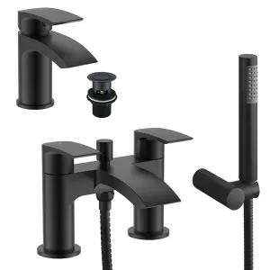 Sleek Matt Black Waterfall Bath Shower Mixer & Basin Mixer Tap Incl Clicker Waste