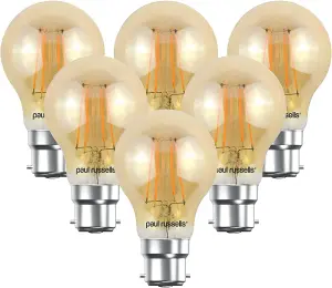 paul russells LED Filament GLS Bulb, 6.5W 650 Lumens, 50w Equivalent, 2200K Extra Warm White Amber, Pack of 6