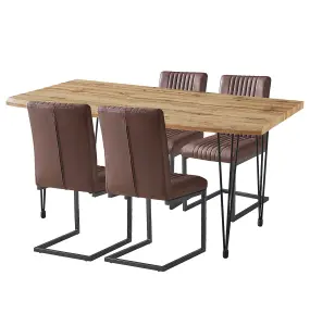 Hallowood Furniture Cullompton Large Dining Table 160cm, Live Edge Effect Table Top, with 4 Brown Leather Effect Chairs