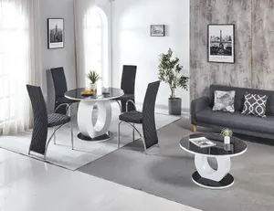 Modernique Giulia Round Black 100 cm Tempered Glass Top White Dining Table with 4 Pink Velvet Dining Chairs