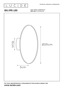 Lucide Eklyps Led Modern Wall Light 25cm - LED - 1x8W 3000K - White