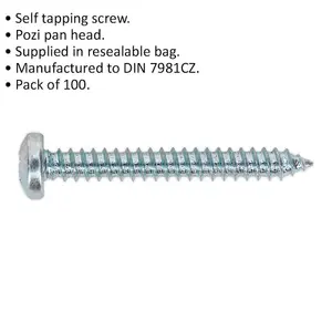 100 PACK 4.8 x 38mm Self Tapping Pan Head Screw - Pozi Head - Fixings Screw