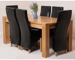 Kuba 180 x 90 cm Chunky Oak Dining Table and 6 Chairs Dining Set with Lola Black Leather Chairs