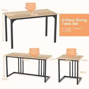 COSTWAY 4-Piece Dining Table Set Industrial Dining Table W/ Bench & 2 Stools