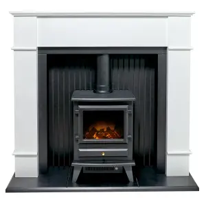 Adam Oxford Stove Fireplace in Pure White with Hudson Electric Stove in Black, 48 Inch