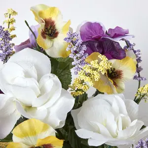 Homescapes Set of 2 Purple & Yellow Pansy & Roses Artificial Flowers in Grave Vases