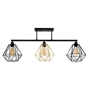 ValueLights Fillatt Industrial 3 Way Satin Black Pipework Ceiling Light with Black and Gold Cage Shades