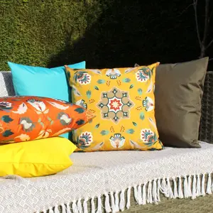 Folk Flora Indoor / Outdoor Floral Square Throw Cushion Ochre