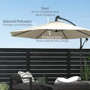 Outsunny 3(m) LED Patio Banana Umbrella Cantilever Parasol w/ Crank, Beige