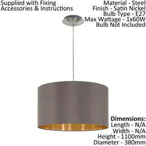 Pendant Ceiling Light Colour Satin Nickel Shade Cappuccino Gold Fabric Bulb E27 1x60W