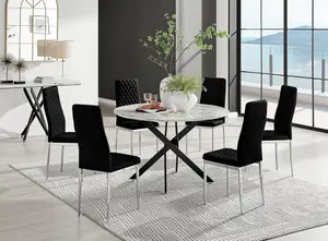 Furniturebox UK Novara White Marble Black Leg 120cm Round Dining Table & 6 Black Velvet Milan Chairs