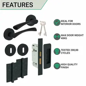 EAI - Black Door Handles Swept Lever on Rose Lock Kit / Pack - 64mm Sash Lock & 76mm Hinges - Matt Black